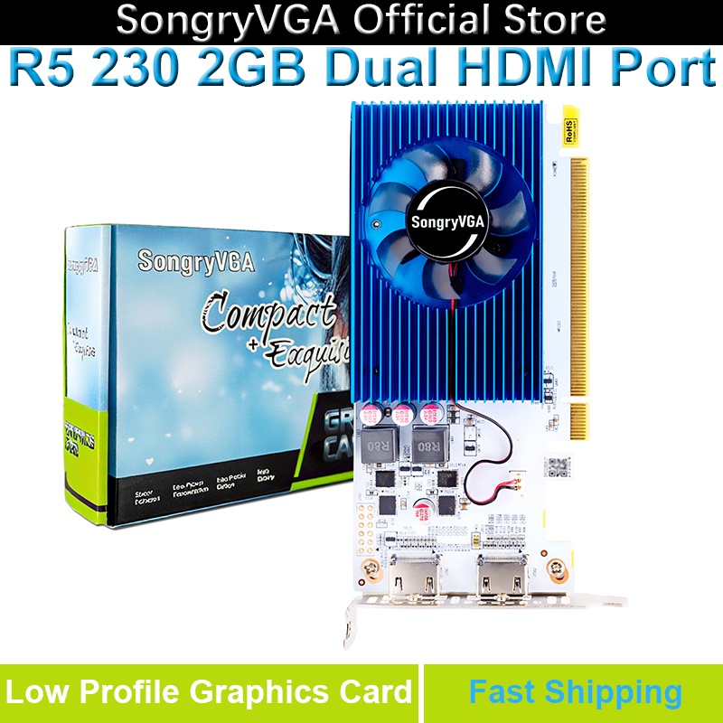 SongryVGA R5 230 2GBグラフィックカード、GDDR3デュアルHDMI 1080Pロープロファイルビデオカード、SFF/Thin ITX/HTPC PC対応