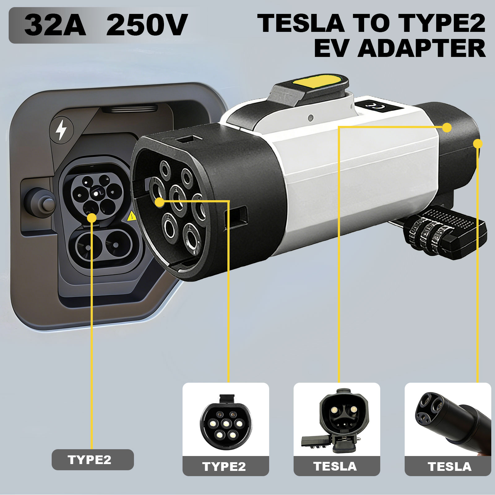 NACS からタイプ 2 ロック可能な盗難防止アダプター電気自動車充電器コネクタ 32A 7KW 250V テスラ充電器からタイプ 2 車の充電