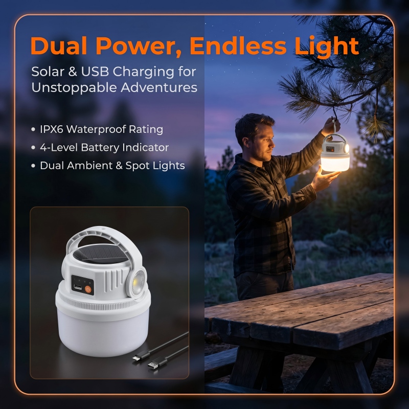 屋外ソーラーキャンプライト防水多機能LEDテント懐中電灯Type-C充電とフック付き雰囲気ライト