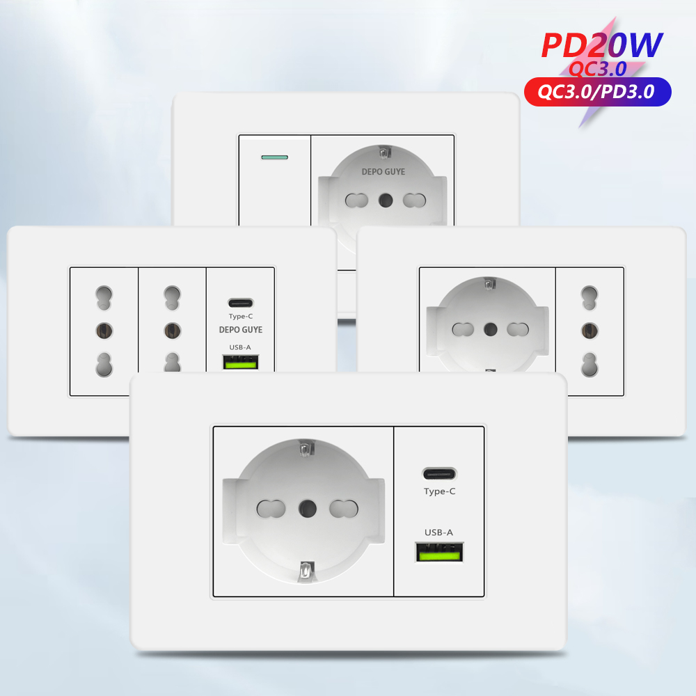 ホワイト イタリア チリ USB スマート Type-c 20 ワット急速充電壁電源ソケット プラスチック チリ Schuko デュアル USB コンセント プラグ テレビ TEL コンピューター