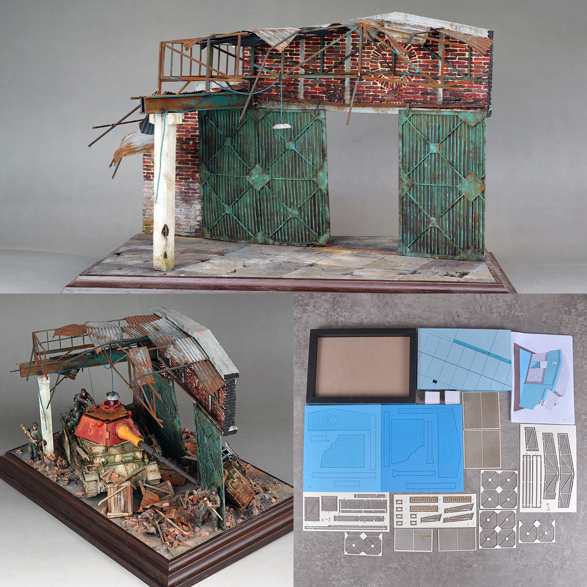 アセンブリ建築建物モデルミニチュア破壊された工場ジオラマスケールモデルキット木製ディスプレイベース車スタンド 1/35