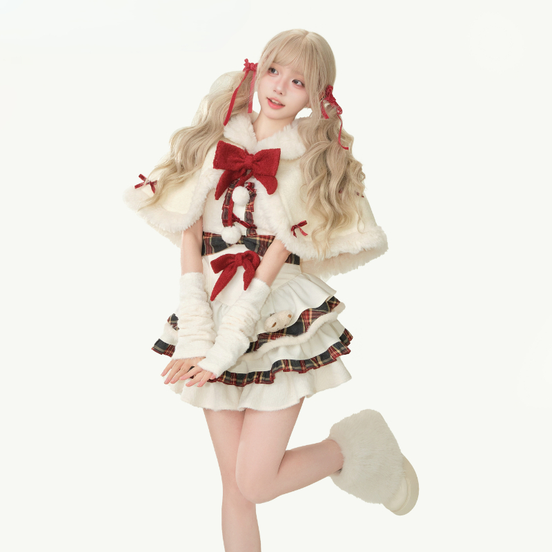 冬かわいいロリータドレスセット女性弓フード付きショールショートジャケットチェック柄パッチワークミニドレス韓国クリスマス新年スーツ