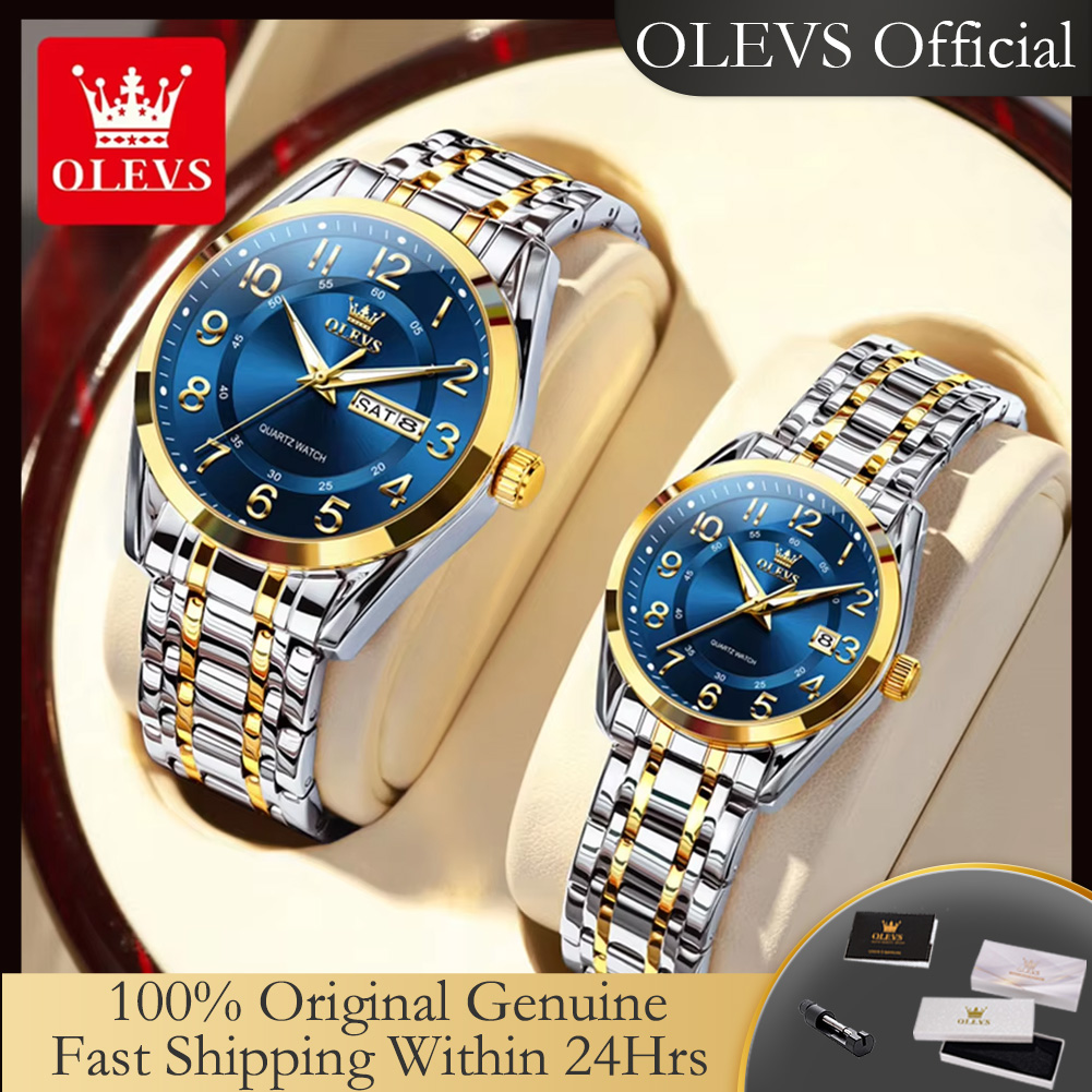 OLEVS 3666 カップル腕時計クラシックデュアルカレンダーステンレス鋼防水発光デジタルダイヤルオリジナルクォーツ時計女性男性