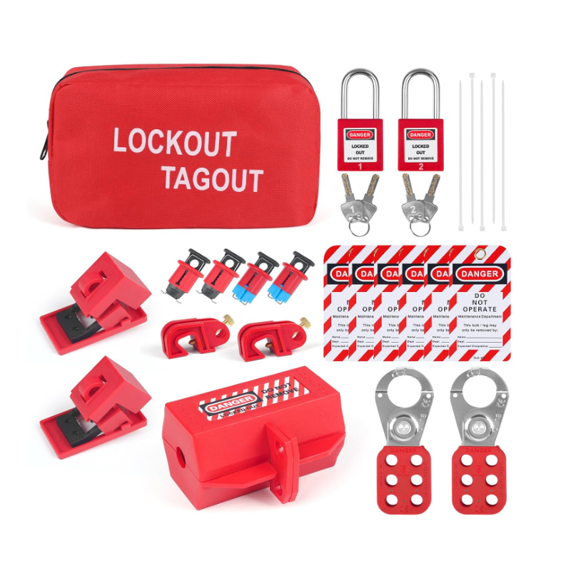 レッドセット電気ロックアウトタグアウトキット安全掛け金ラッチ警告タグサーキットブレーカーロトロックナイロンタイポケットバッグ付き