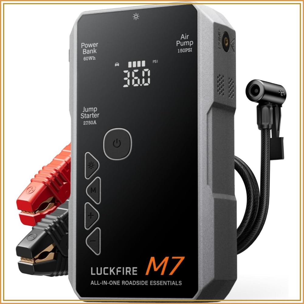 M7 スマート ジャンプ スターター エアコンプレッサー付き、TÜV 認定 12V カーバッテリー ブースター パック、ポータブル タイヤ インフレーター、10L ガス用 60Wh パワーバンク