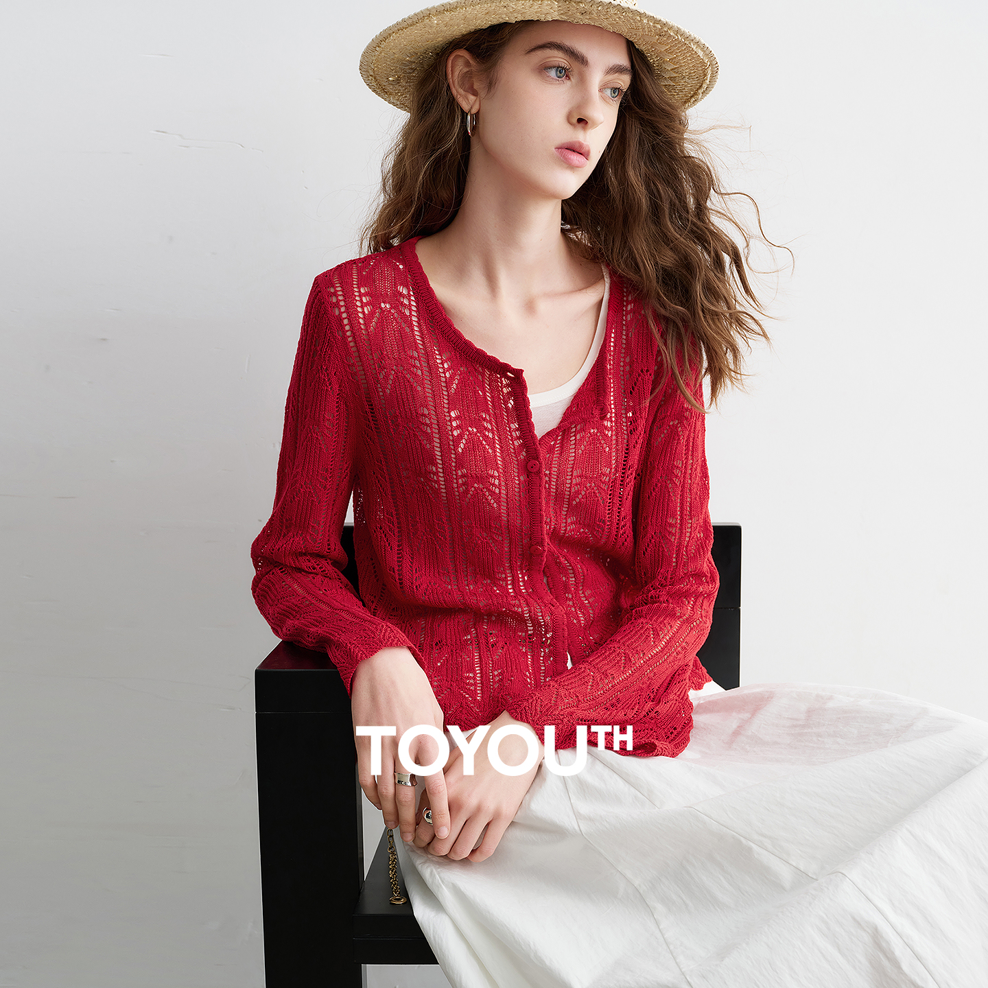 TOYOOUTH 女性リヨセルリネンニットトップ 2026 春の新中空ヴィンテージロマンチックなトランペットスリーブブラウス