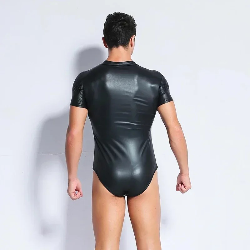 黒長袖光沢のある Pu レザーボディスーツジッパーホットシェイパー男性ボディトップスシャツゴシックタイツクラブウェア Tシャツレオタード