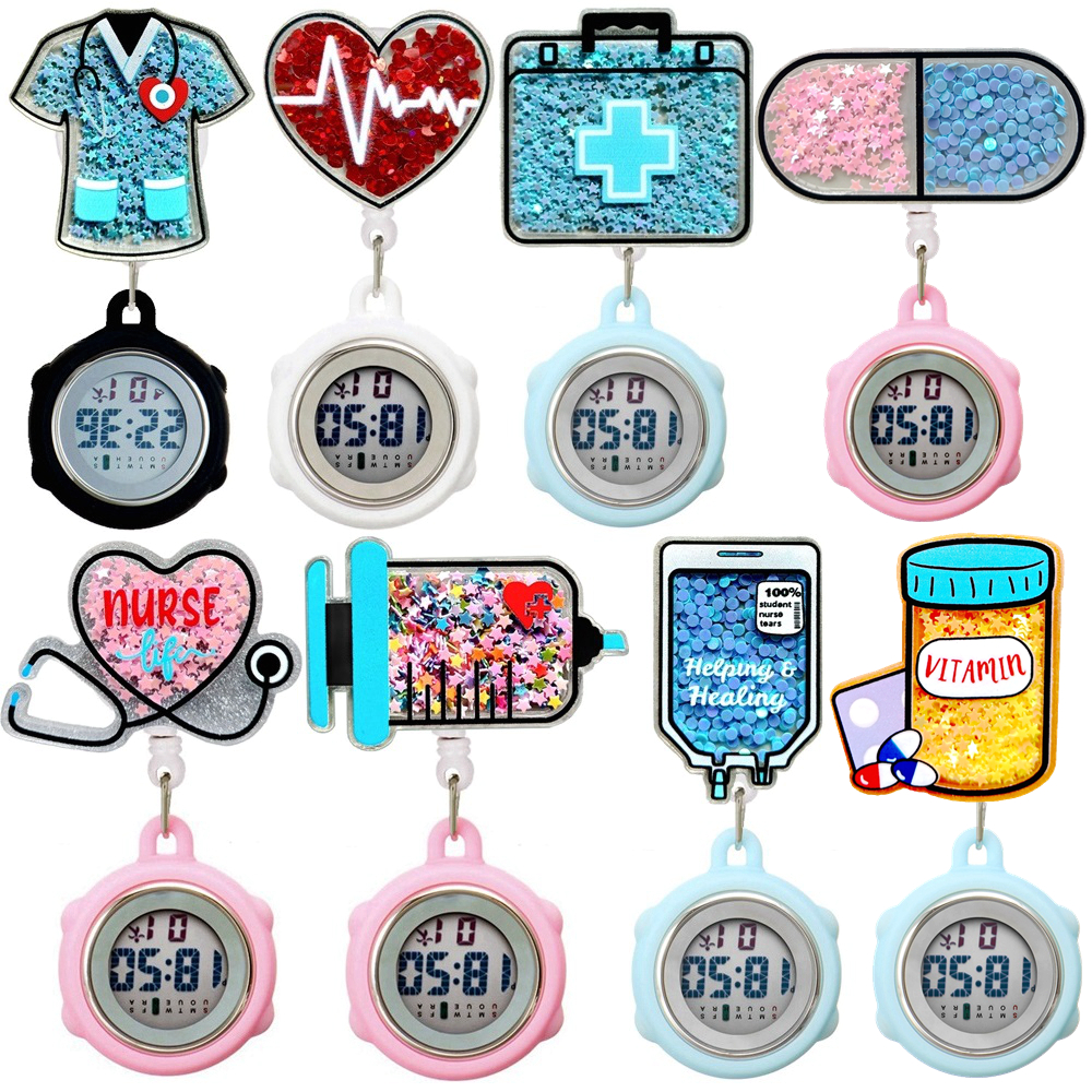 Cartoon Lovely Cute Shiny Quicksand Nurse Doctor Hospital Medical Supplies Retractable Badge Reel Hang Clip Pocket Watches Clock