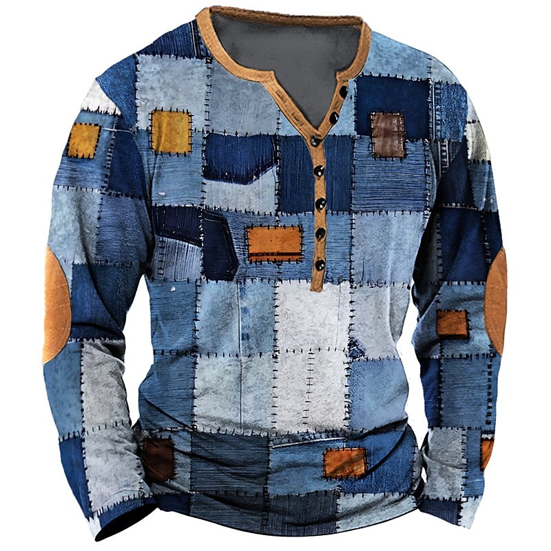 パッチワークデニムヴィンテージ Tシャツ男性用パッチワークグリッドグラフィック Tシャツ 3D 印刷長袖 Tシャツ特大男服トップス
