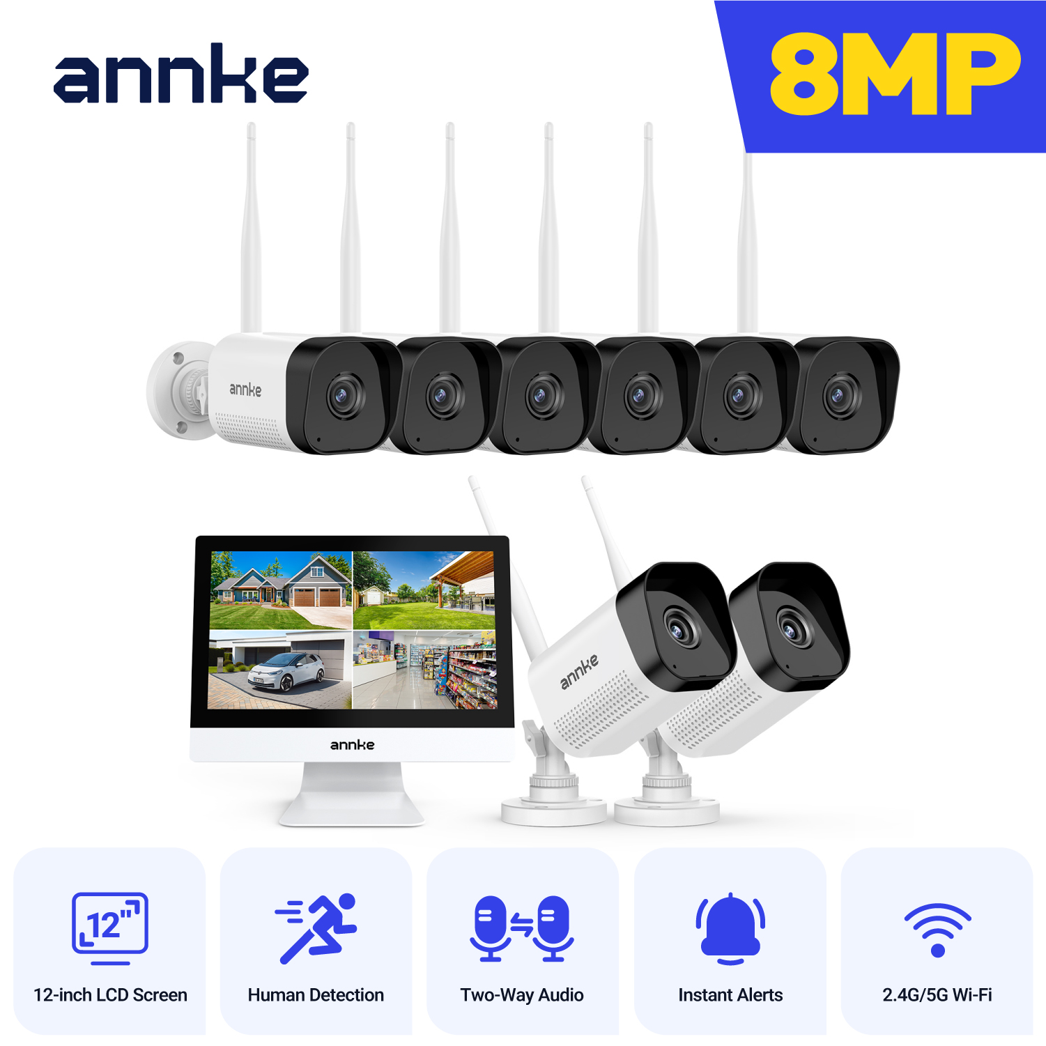 Anke 8MP wifi セキュリティカメラ 12 インチ LCD 2.4 グラム 5.8 グラム 4 18k ワイヤレスカメラシステム双方向音声 IR ナイトビジョン屋外 wifi カメラ