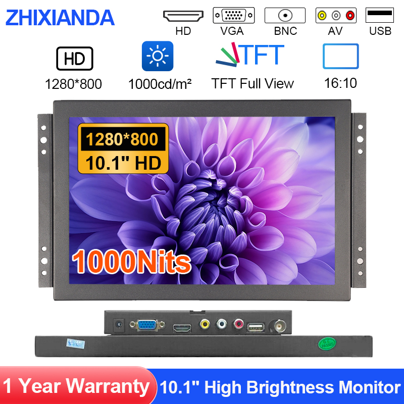 10.1 インチ高輝度 1000 ニト 1280x800 屋外太陽光使用工業用タッチモニター VGA/HDMI/USB/AV/BNC インターフェース付き