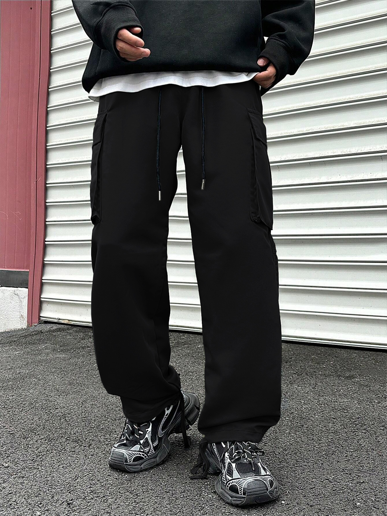 メンズ作業服ズボンストレートレッグドレープカーゴパンツカジュアルワイドレッグルーズ長ズボン