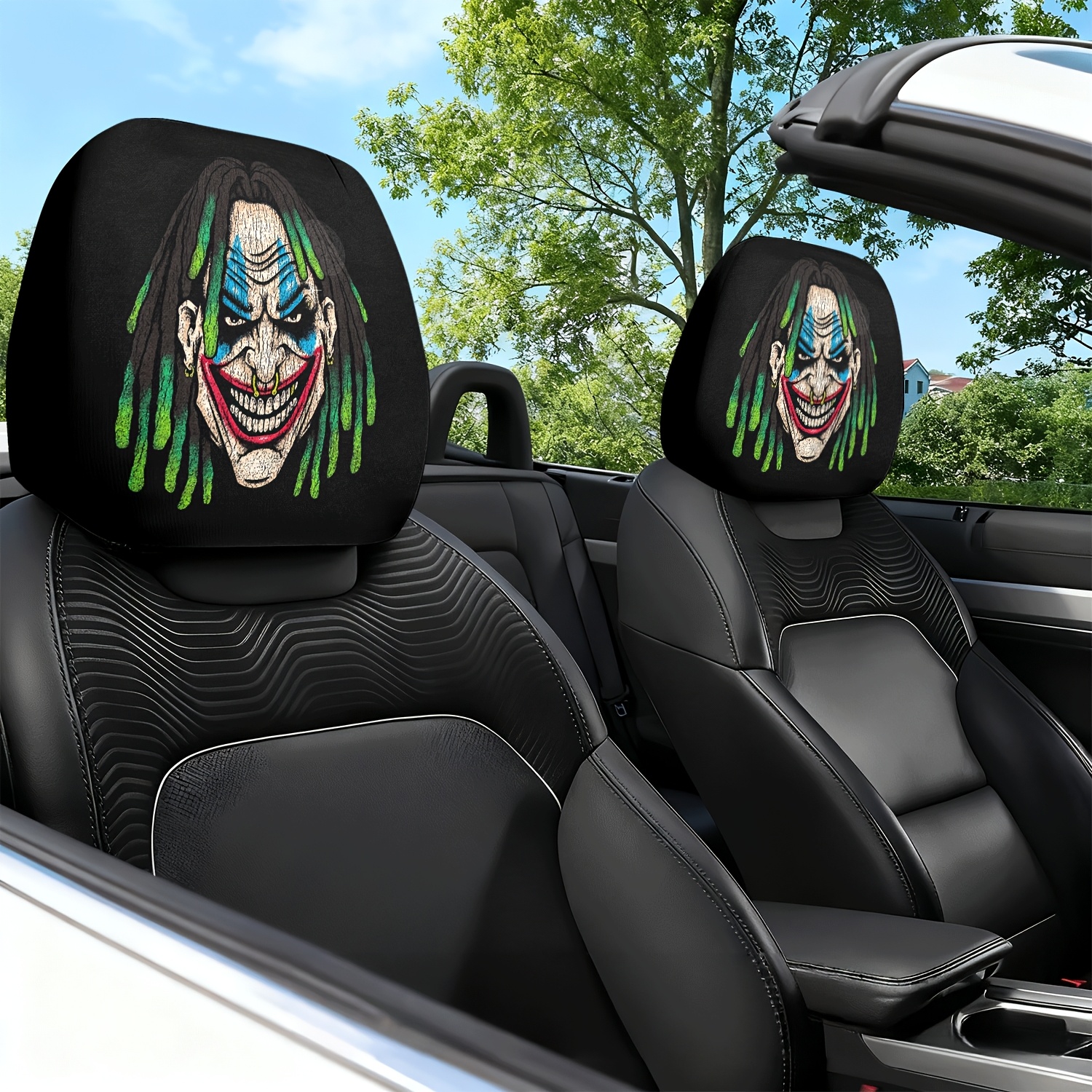 車のヘッドレストカバー 2 個、ジョーカー緑髪マニアックな笑いテーマのプリントパターンカーシートヘッドレストネックピローカバー - アンチスリップ