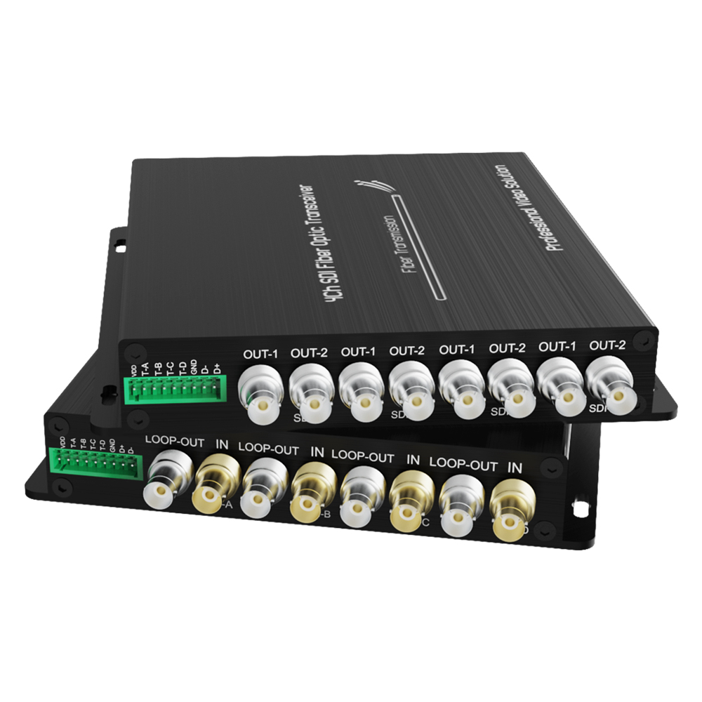 4CH 12G/3G/HD-SDI 光ファイバートランシーバー 20km シングルファイバー RS485 コンバーター光エクステンダー ループ出力記録付き