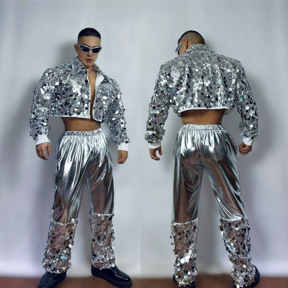 メンズ シルバー ジャズ ヒップホップ セット 光沢のあるスパンコール レーザー ジャケット パンツ 2 個 ナイトクラブ バー 男性 ストリート ダンス 衣装 パーティー コスチューム
