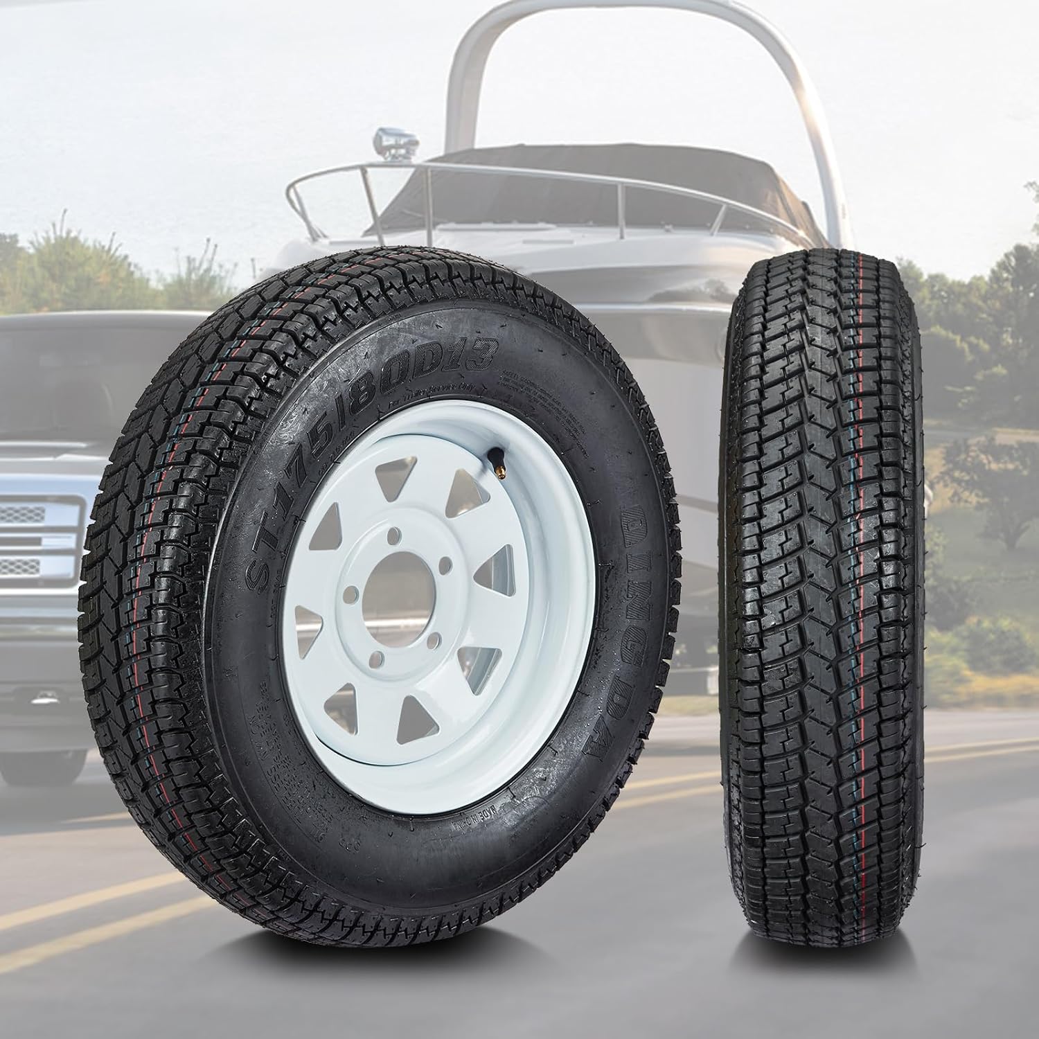2 パック トレーラー タイヤ リム ST175/80D13 175 80 13 荷重範囲 C 5 ラグ ホワイト スポーク ホイール 高耐久ユーティリティ