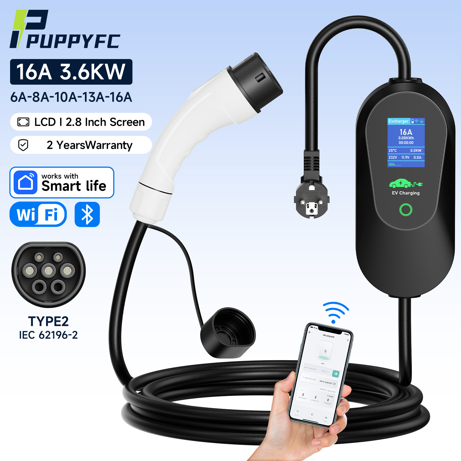 Puppyfc 3600 ワットポータブル Type1 SAE J1772 EV 充電器 Type2 電気自動車充電器 GB/T EVSE 充電ケーブル WiFi Bluetooth