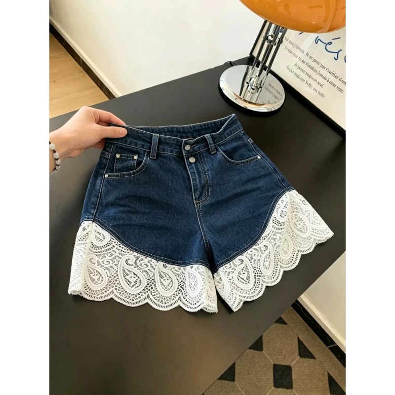 女性のショートパンツ デニム ショーツ レース パッチワーク ハイウエスト ルーズ プラス サイズ 夏の新しいカジュアル パンツ スタイル用