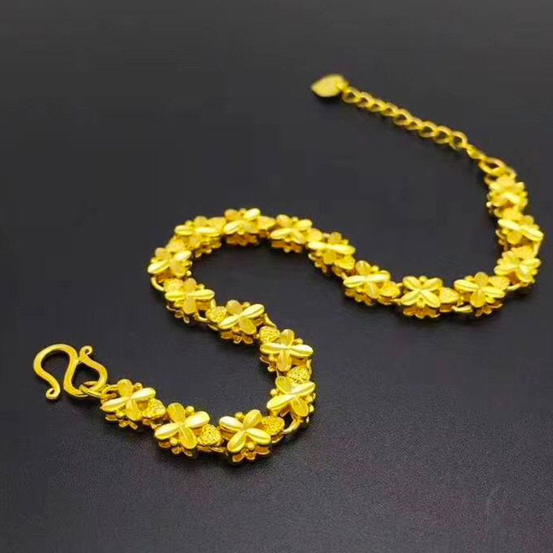 24K AU999 ゴールド クローバー ブレスレット 女性用 - 可憐な四つ葉のデザイン、高純度ゴールド、幸運