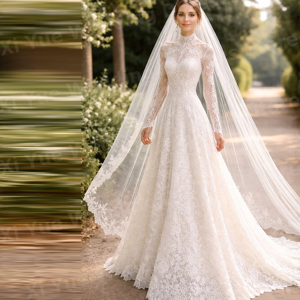 2026 豪華な A ラインの女性のレースハイネック長袖ウェディングドレス Vestido デノビアの花嫁ドレスカスタマイズされたローブデマリー