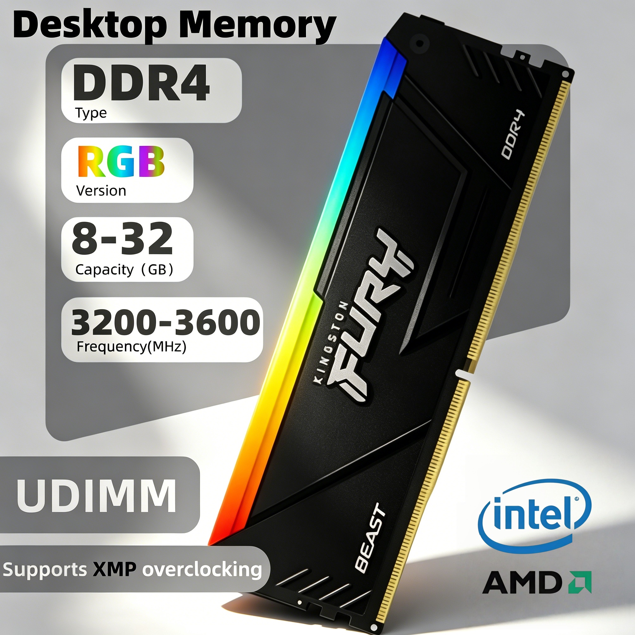 Kingston Fury Beast DDR4 RGB 書き込みRAM 8GB/16GB/32GB 3200MT/s 3600MT/s コンピューターメモリ Intel XMP認証およびXMP対応