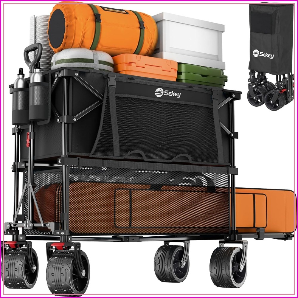 500LBS 高耐久 2 階建てワゴン、400L 10x10 キャノピーに適合、ブレーキ付き全地形対応ホイール、キャンプ用折りたたみ式ユーティリティカート