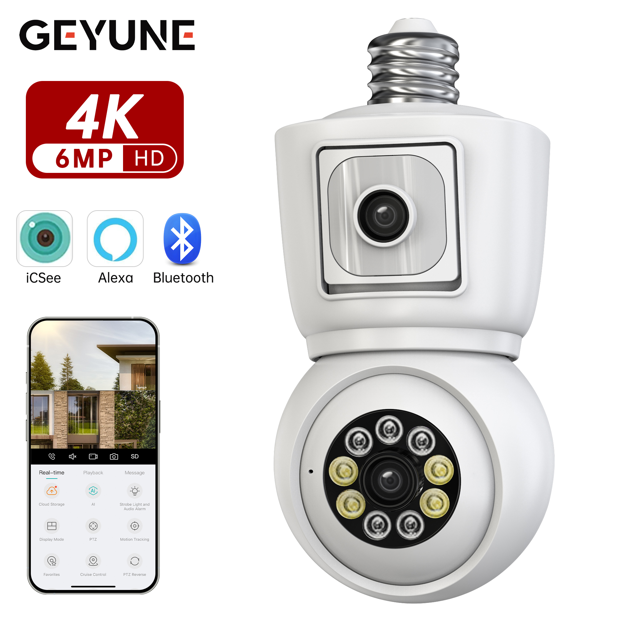 8MP E27 電球 WiFi カメラ 4K デュアルレンズデュアルスクリーンカム自動追跡双方向オーディオナイトビジョン CCTV セキュリティ保護 ICSEE