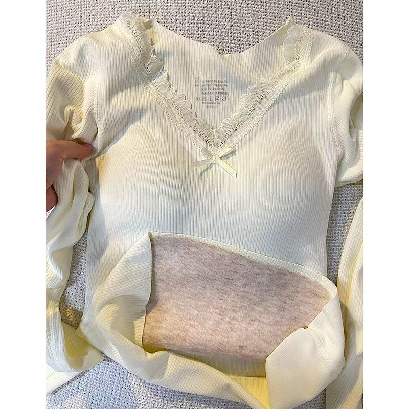 女性フリースソフトサーマル下着 Tシャツセクシーな甘いレースのアンダーシャツブラジャーパッド入りキャミソール親密な暖かい長袖トップス