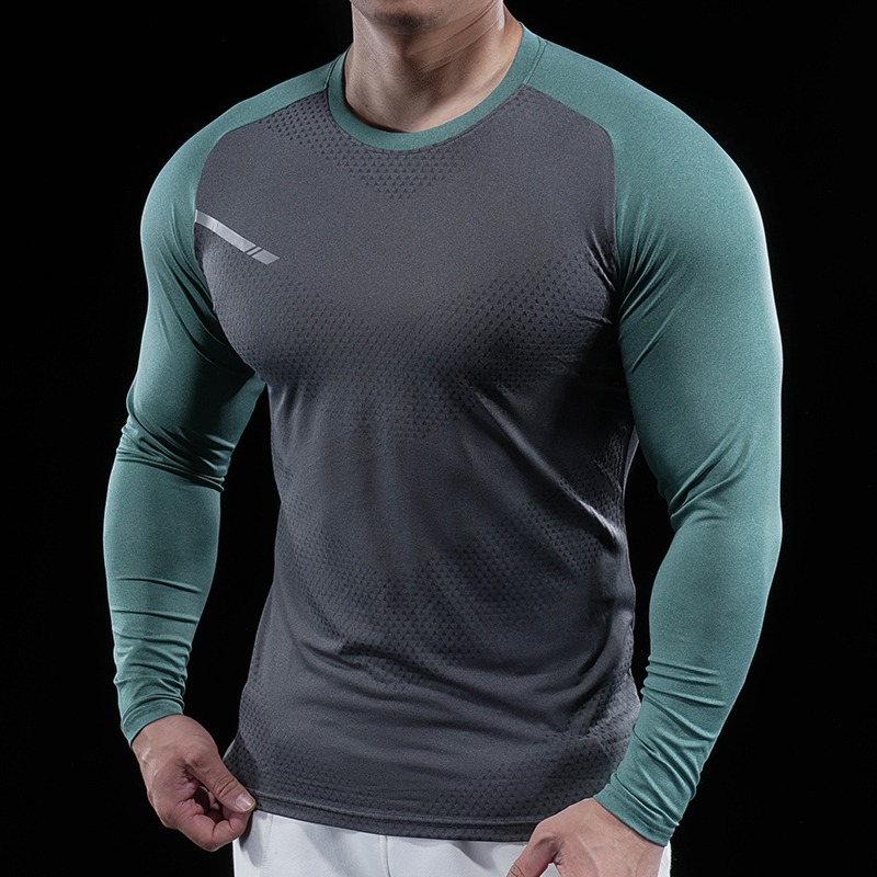 Autumn Winter Men Gym Fitness Display Long Sleeve T-Shirt Crew Neck Elastic Moisture Wicking Tights Running Training Bottom Top