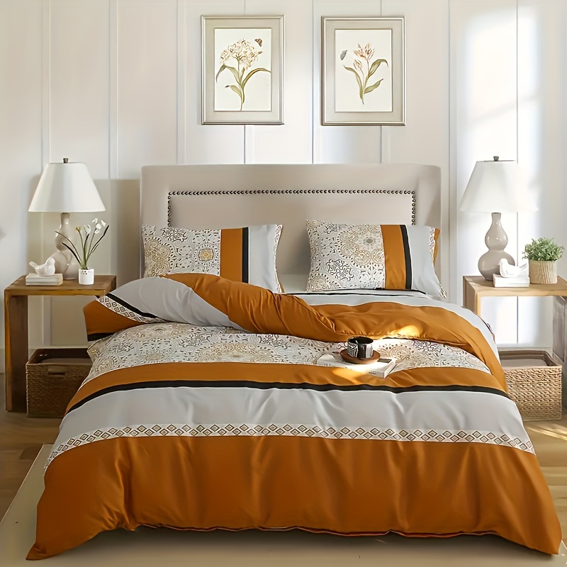 Orange-Gray Striped Print Three-Piece Duvet Cover Set, Skin-Friendly and Breathable Bedding (1 Duvet Cover + 2 Pillowcases), Ultra-Soft Breathable Fabric, Skin-Friendly, Comfortable, Breathable, Machi