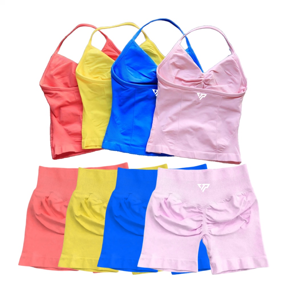 Keep That Pump 2 点セット ショーツ トップ レディース 衣装 ヨガセット ジムセット 高品質 シームレス レースアップ ブラジャー スクラッチ スポーツ セット