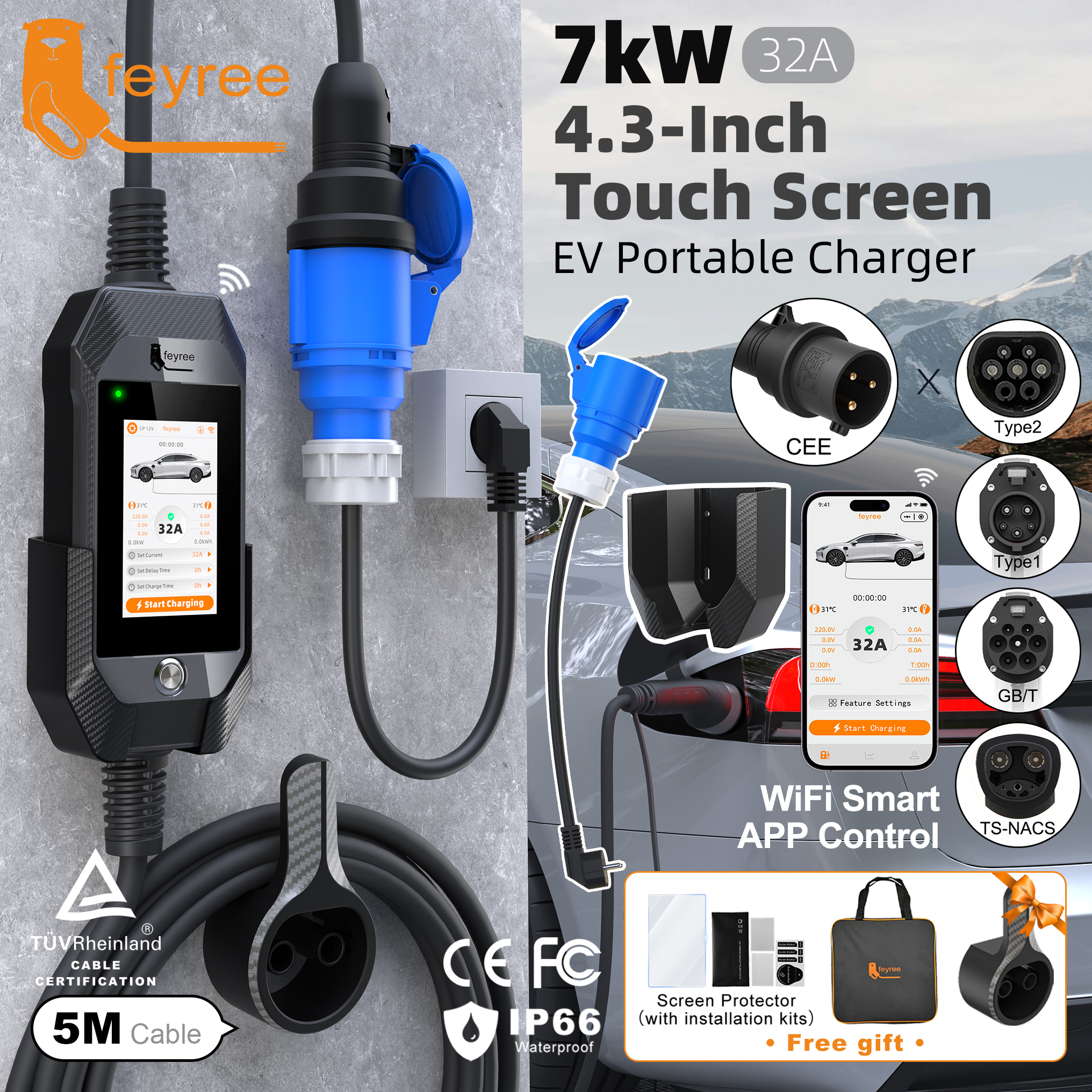 Feyree 32A 7kW 1P ポータブル EV 充電器 4.3 インチタッチスクリーン Type2/Type1/GBT/TS-NACS グレーカラースマート APP WiFi 制御 EV 車用