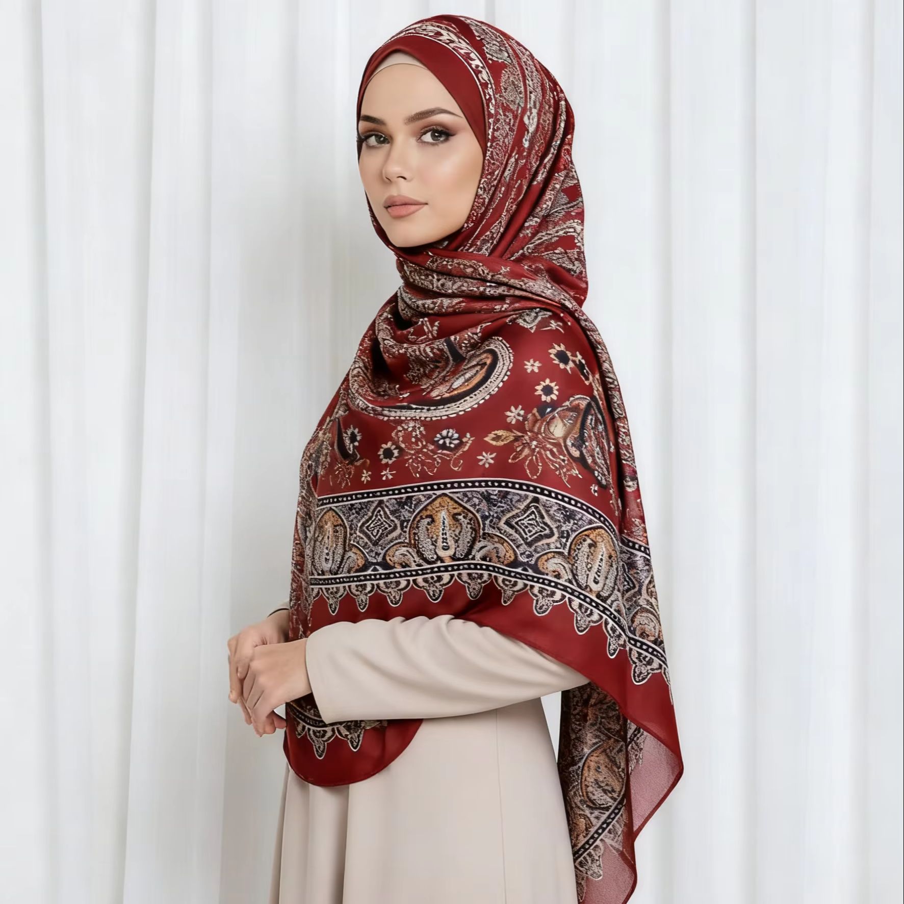 レトロカシュープリント綿レーヨンスカーフヒジャーブ女性のためのイスラム教徒のファッションロングショールイスラムターバンスカーフラップスカーフギフト