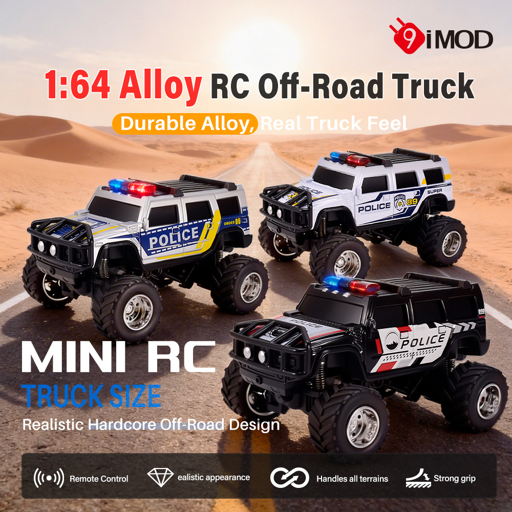 9imod RC パトカー 2.4G アプリ制御オフロードトラック ライト付き サウンドサスペンション 全地形対応タイヤ トレーラー付き 子供用
