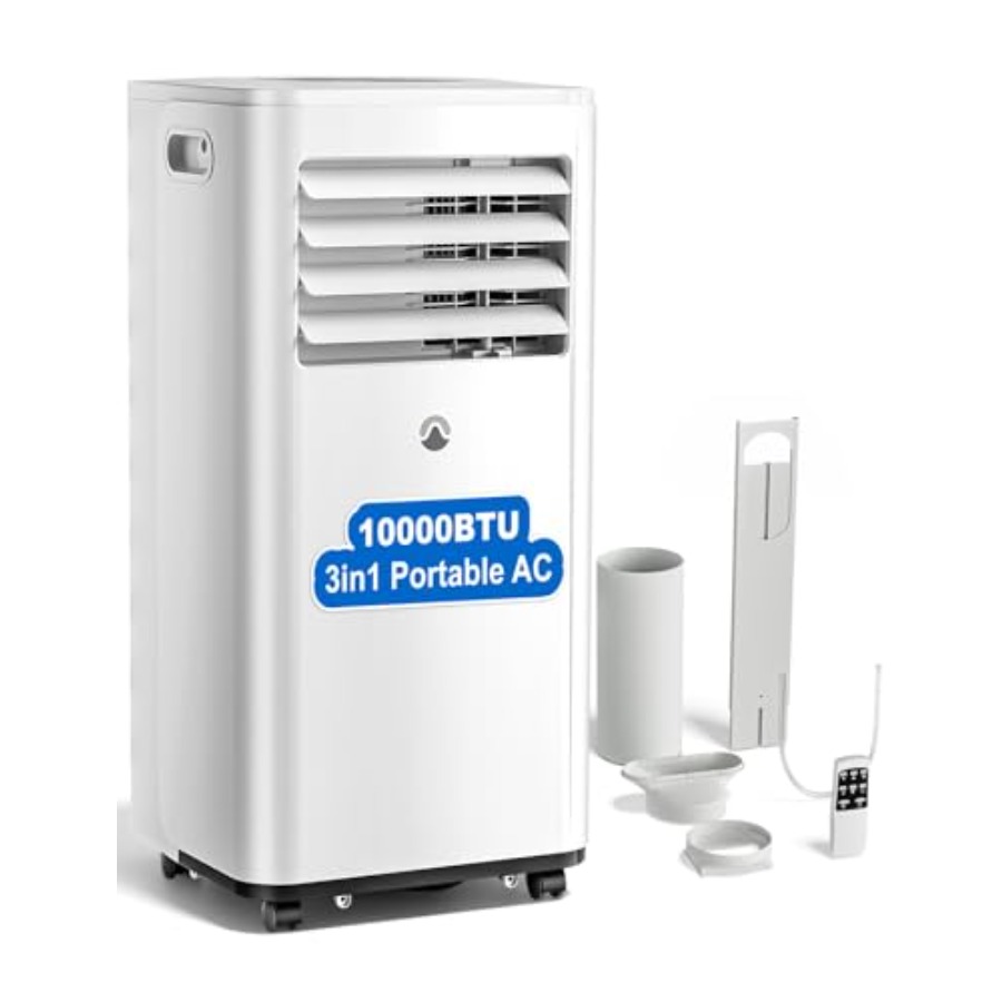 寝室キッチンガレージ用ポータブルエアコン、10000 BTU、白いプラスチックユニット、24HタイマーとSMを備えたコンパクトな3-in-1デザイン