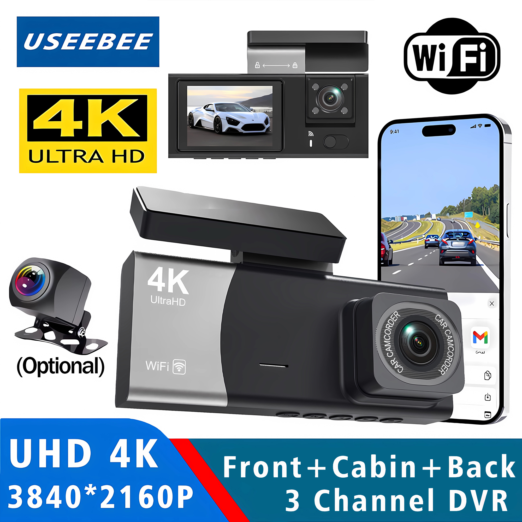 3 チャンネル 4K 2160P ダッシュカム車のフロント内側とリア WiFi カーカメラアプリ制御ナイトビジョン 24H 駐車モードダッシュカム
