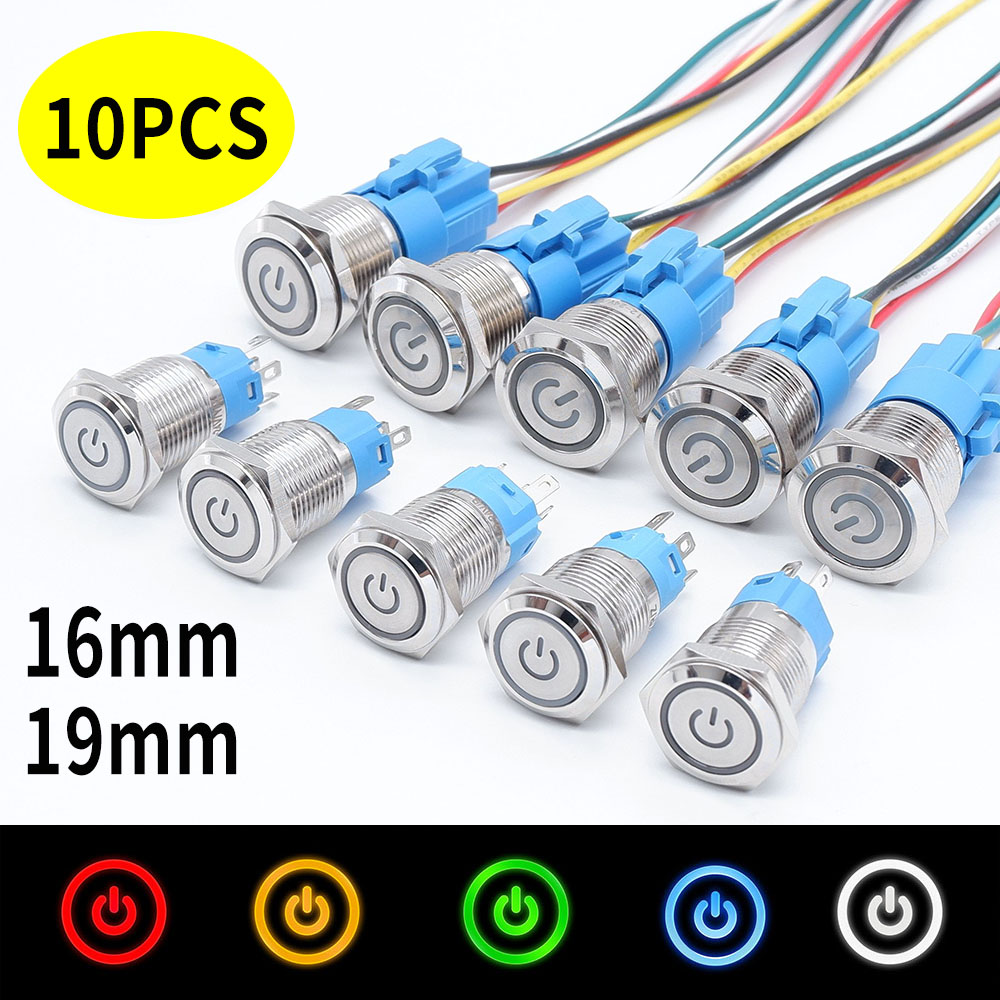 10 個 16 ミリメートル 19 ミリメートル金属電源スイッチプッシュ点火ボタン車の LED ライト防水ロックセルフリセットソケットフラットヘッド 12V