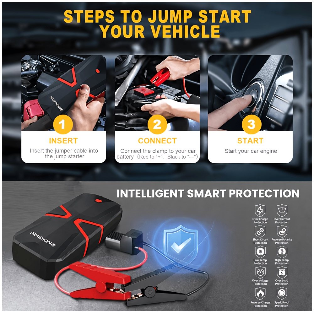 エアコンプレッサー内蔵 5-in-1 ポータブルカージャンプスターター • 車両用 12V バッテリーブースト • デバイス充電用のデュアル USB ポート • 明るい LED 緊急ライト • 簡単に保管できるコンパクトデザイン • Rel