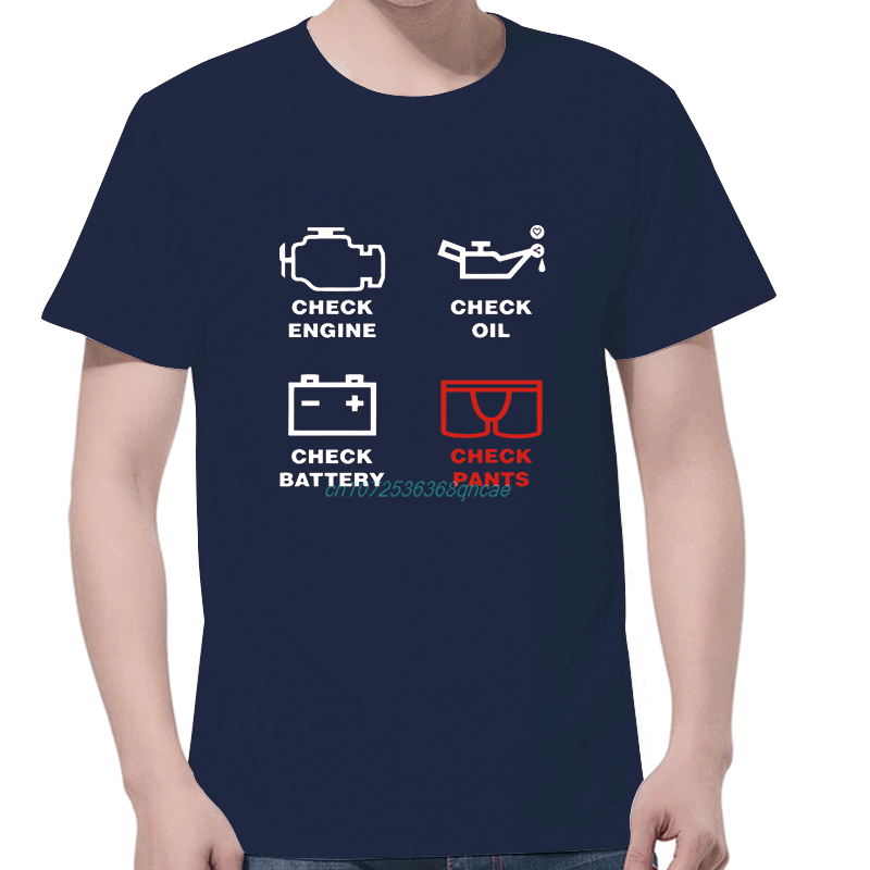 メンズおかしいチェックエンジンオイルバッテリープリントコットン Tシャツ夏 O ネック半袖カジュアルシャツ Camiseta 紳士服