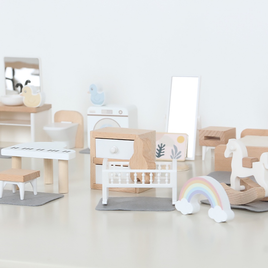 北欧スタイルのヴィラ、ドールハウス、子供の遊び、ミニシミュレーション家具、寝室、キッチン、木のおもちゃ、男の子と女の子
