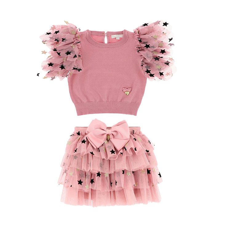 新しい女の子スーツ 2-14T サイズ子供パーティーラウンドネックフライングスリーブトップスカートキッズセット