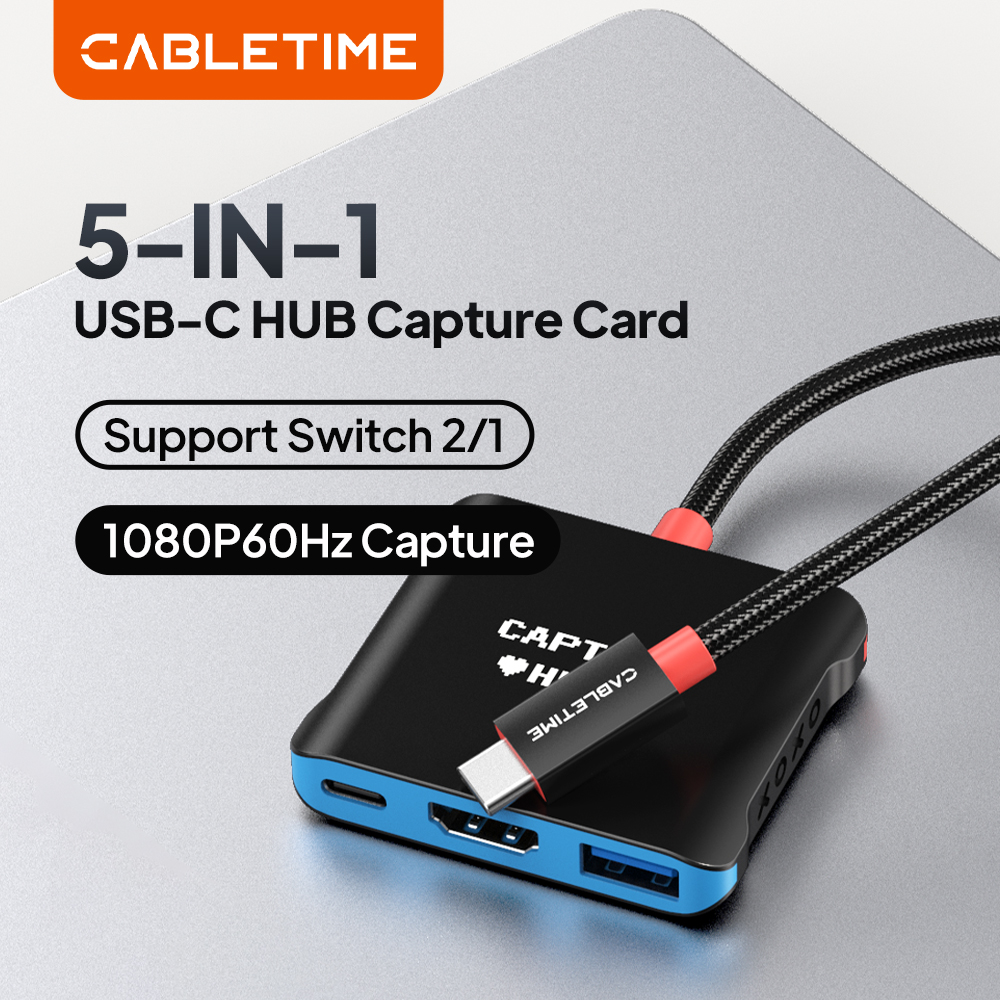 CABLETIME 5 IN 1 ハブ キャプチャ カード 4K@30Hz/1080P@60Hz 5Gbps データ送信 HDMI USB A USB C ポート サポート スイッチ 2/1 ラップトップ用