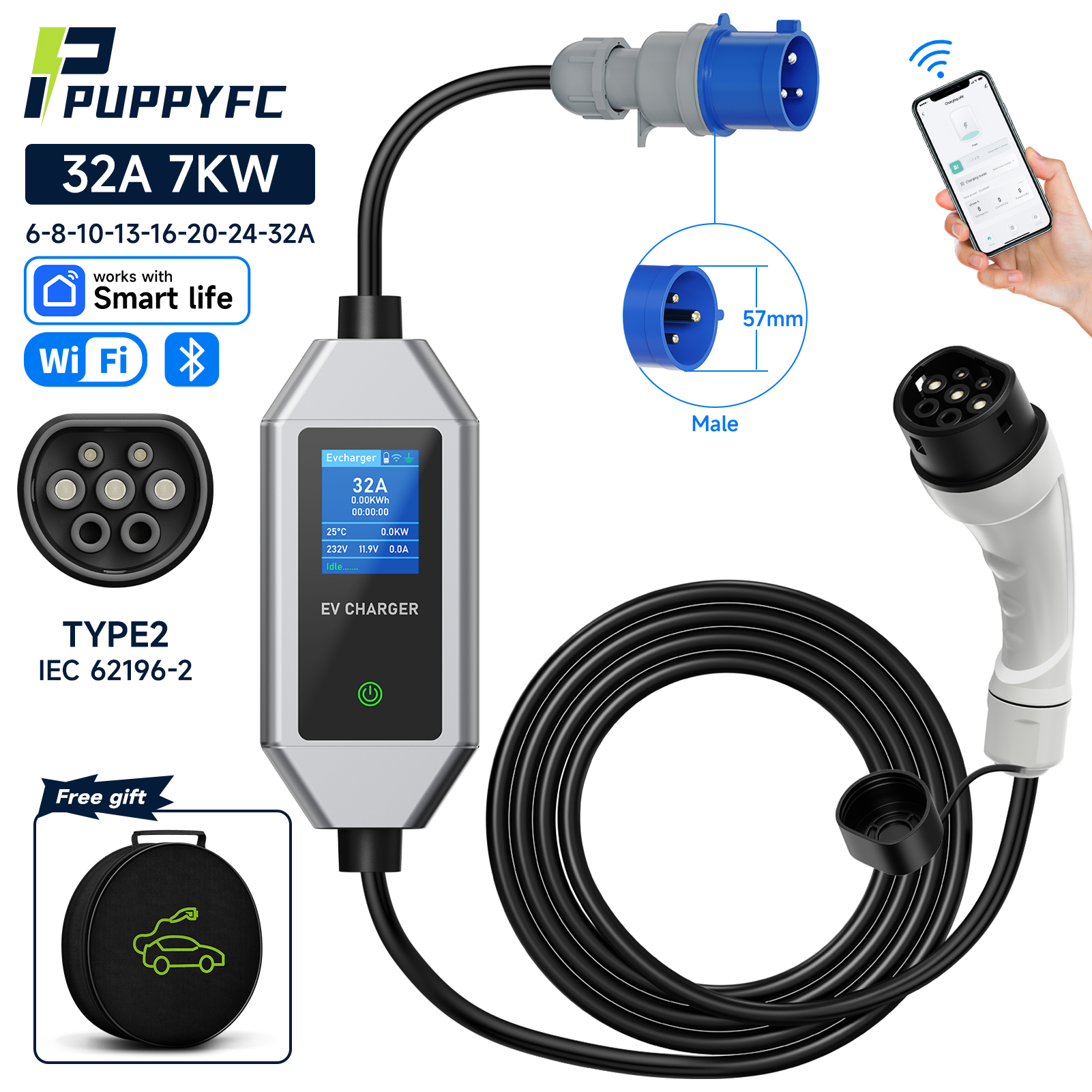 Puppyfc 7KW 1 相ポータブル EV 充電器 32A Type2/GBT ウォールボックス電気自動車保証 EVSE 急速充電 CEE プラグ WiFi 制御