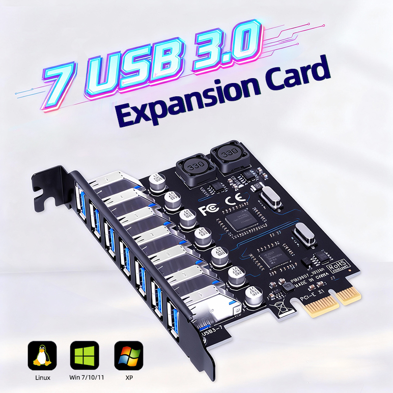 7ポートUSB3.2 Gen1拡張カード PCIe X1 - USB3.0拡張アダプター 5Gbps（Windows、Linux対応）