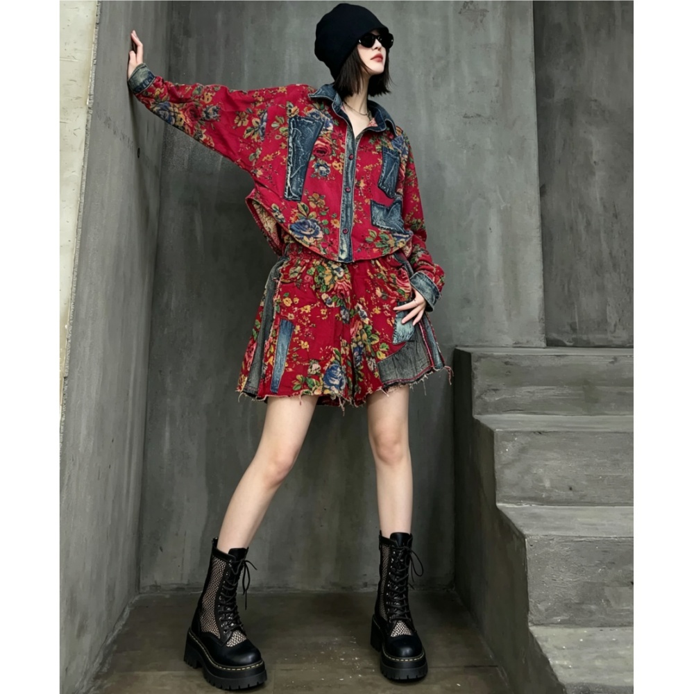 Chinese-style Northeast Floral Print Denim Lapel Long-sleeve Jacket + Shorts Two-piece Set Women Summer Fashion Pant Set LX6116