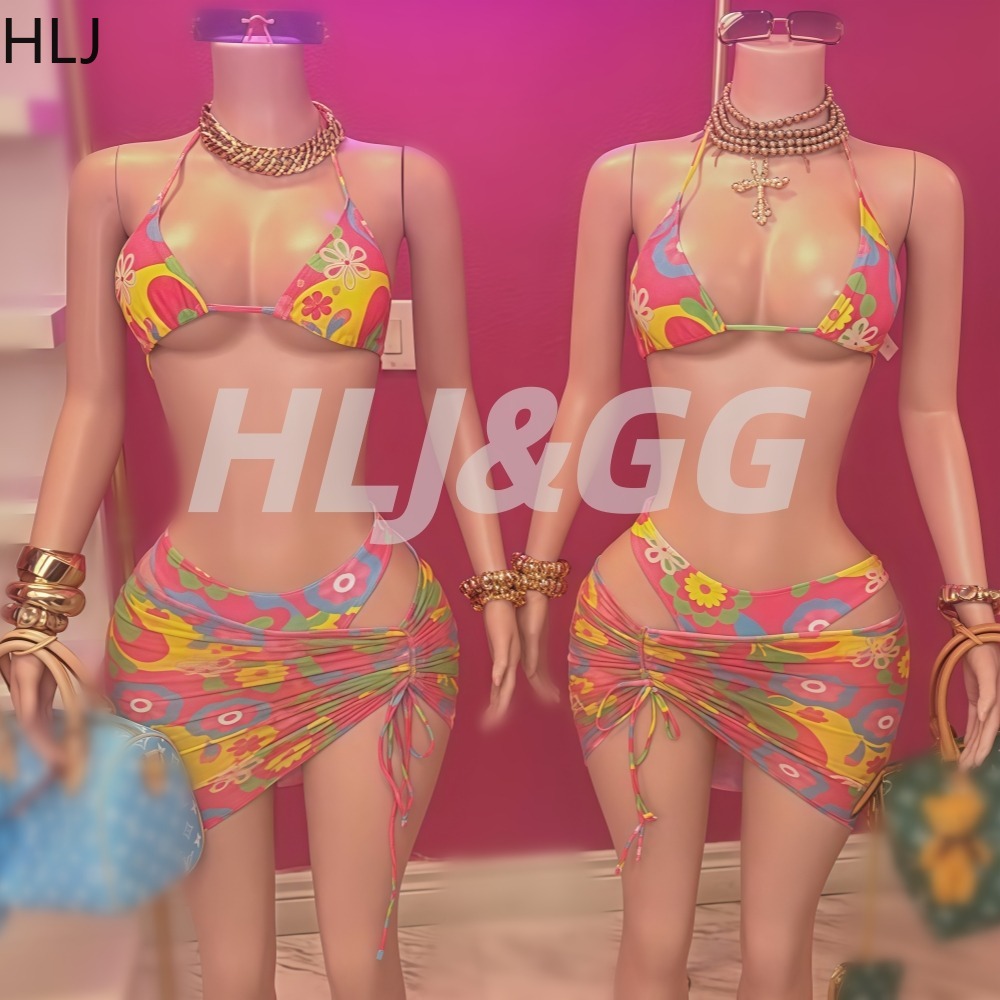 HLJ セクシーな女性のカラフルな花柄 3 ピースビキニセットホルタートライアングルトップシャーリング巾着スカートカバーアップ夏のビーチ新しい