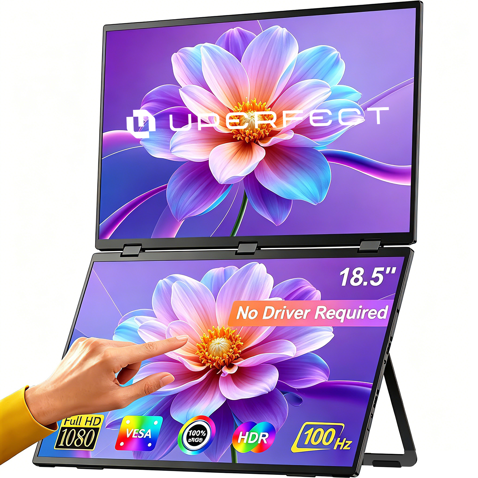 完璧なデルタマックス 18.5 インチ 100Hz タッチスクリーン デュアル ポータブル モニター 1080P HDR 360° 折りたたみ式スタック トリプル ラップトップ スタンド付き