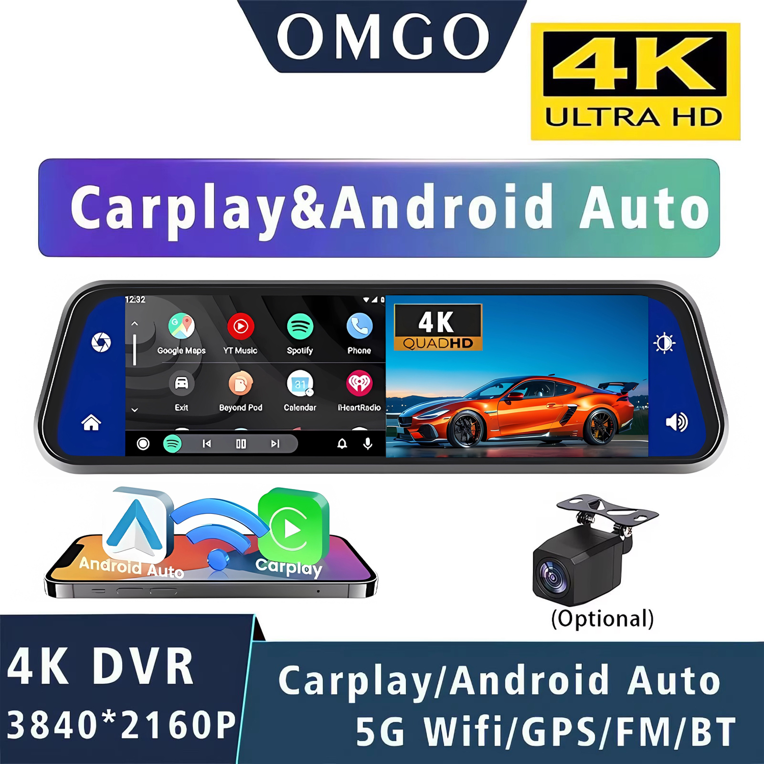 10 インチ 4K ダッシュカム Carplay Android-Auto 車 DVR デュアル Len 5G Wifi GPS Bluetooth FM ビデオ ドライブ レコーダー ストリーム ミラー ダッシュカム