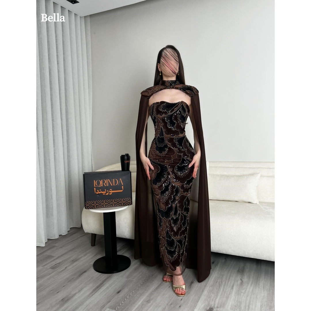 Bella カスタマイズされたダークブラウンホルターネックケープスパンコールベルベットウエディングドレスローブド夜会ボディコンフロアレングスパーティードレス 2025
