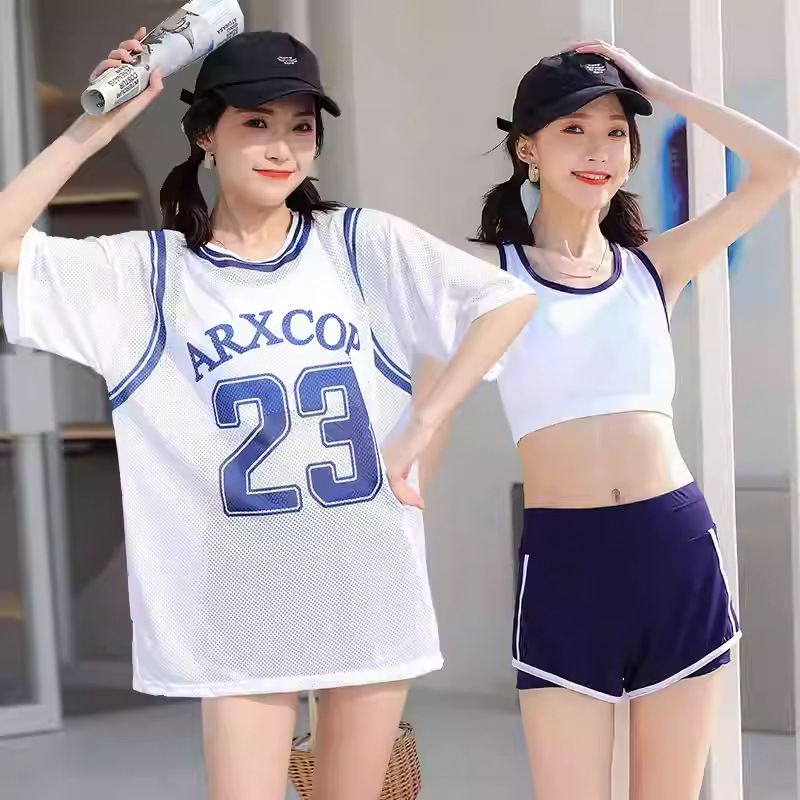 女性夏、保守的、分割ボディカバー、腹、小さな胸が見える、薄い学生ビーチメッシュカバーシャツ、水着3点セット